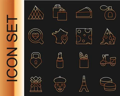Set line Macaron cookie, Scooter, Cheese, Cherry cheesecake slice, Map of France Stock Illustration