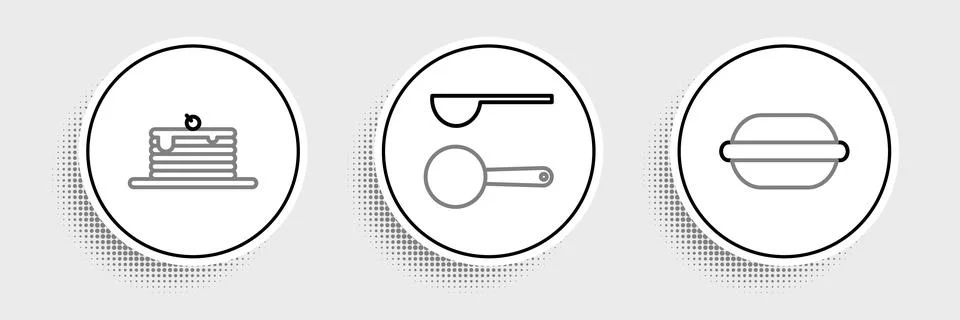 Set line Macaron cookie, Stack of pancakes and Measuring spoon icon. Vector Stock Illustration