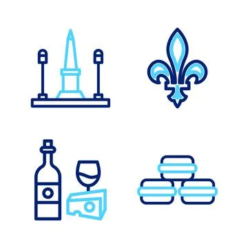 Set line Macaron cookie, Wine bottle with cheese, Fleur De Lys and Place La Stock Illustration