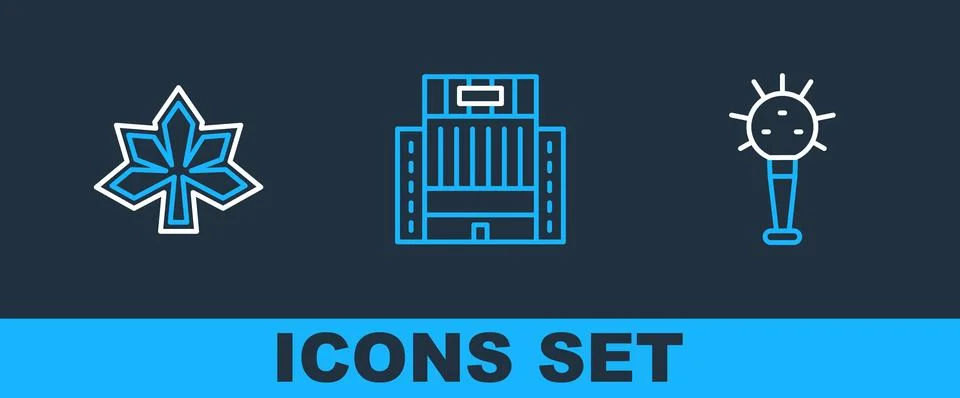 Set line Mace, Chestnut leaf and Hotel Ukraina building icon. Vector Ilustración de archivo