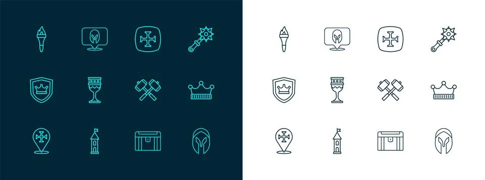 Set line Mace with spikes, Castle tower, Crossed battle hammers, Antique tr.. Ilustración de archivo