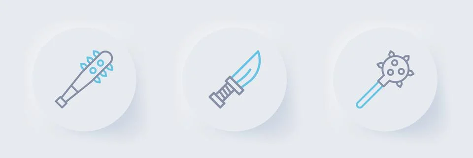 Set line Mace with spikes, Dagger and Necklace gem icon. Vector Stock Illustration