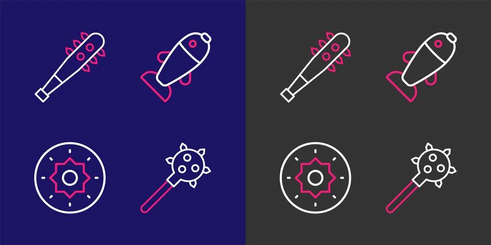Set line Mace with spikes, Shield viking, Fish and Necklace gem icon. Vector Stock Illustration