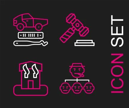Set line Mafia, Arson home, Judge gavel and Car theft icon. Vector Stock Illustration