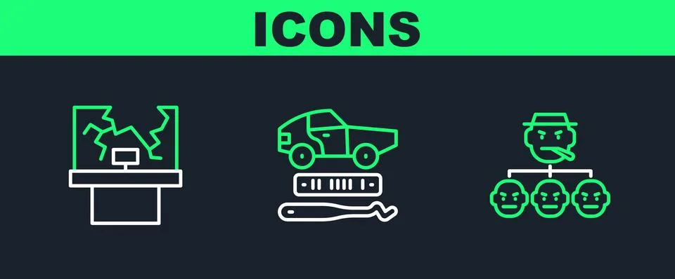 Set line Mafia, Broken window and Car theft icon. Vector Stock Illustration