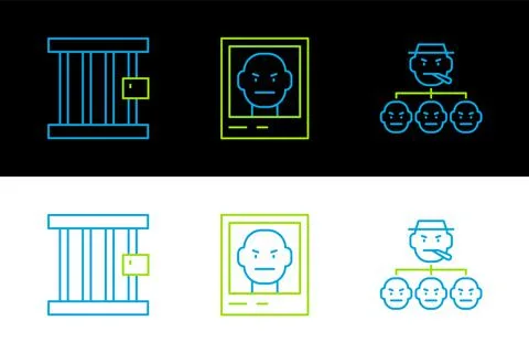 Set line Mafia, Prison window and Wanted poster icon. Vector Ilustración de archivo