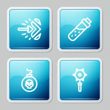 Set line Magic arrow, Bottle with potion, Bomb ready to explode and Medieval Stockillustratie