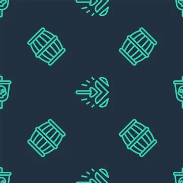 Set line Magic arrow, Gun powder barrel and Pirate flag on seamless pattern Stock Illustration