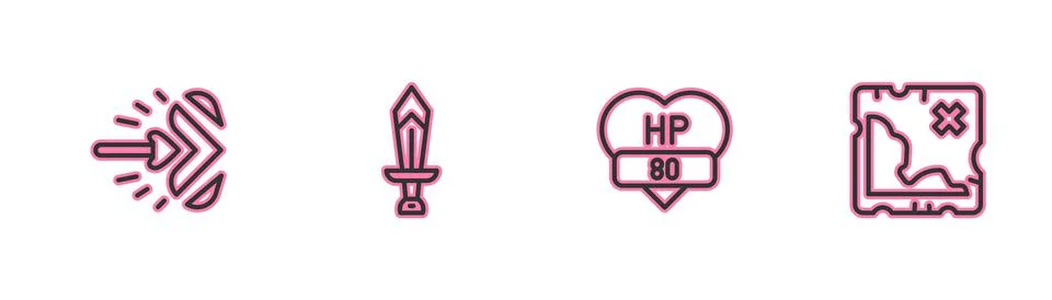 Set line Magic arrow, Video game bar, Sword for and Pirate treasure map icon Illustrazione stock
