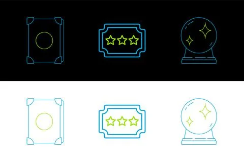 Set line Magic ball, Ancient magic book and Ticket icon. Vector Ilustração Stock