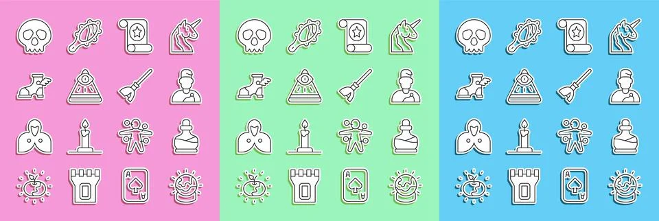 Set line Magic ball, Bottle with potion, Wizard warlock, scroll, Masons, Hermes Ilustración de archivo