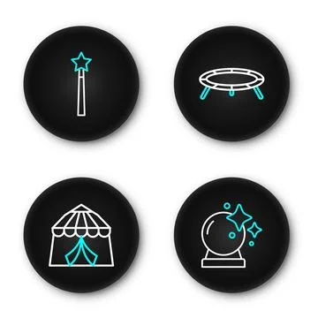 Set line Magic ball, Circus tent, Jumping trampoline and wand icon. Vector Stock Illustration