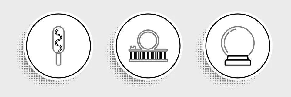 Set line Magic ball, Corn dog and Roller coaster icon. Vector Stock Illustration