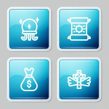 Set line Magic ball, Decree, parchment, scroll, Old money bag and Christian.. Stock Illustration