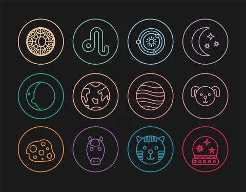 Set line Magic ball, Dog zodiac, Solar system, Planet Earth, Eclipse of the sun Stock Illustration