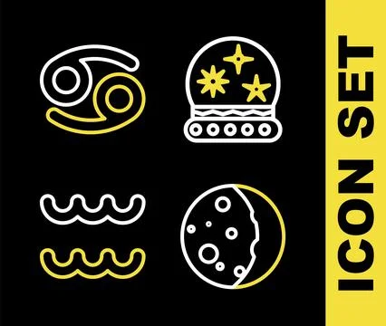 Set line Magic ball, Eclipse of the sun, Aquarius zodiac and Cancer icon. Vector Stock Illustration