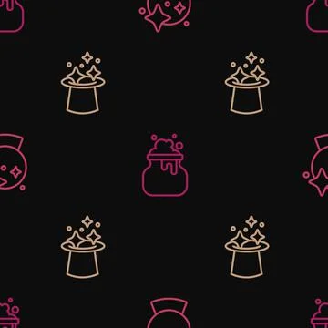 Set line Magic ball, hat and Witch cauldron on seamless pattern. Vector Illustrazione stock