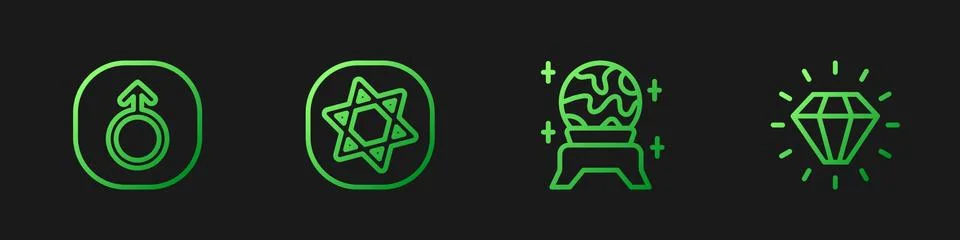 Set line Magic ball, Mars, Tarot cards and Diamond. Gradient color icons. Vector Stock Illustration