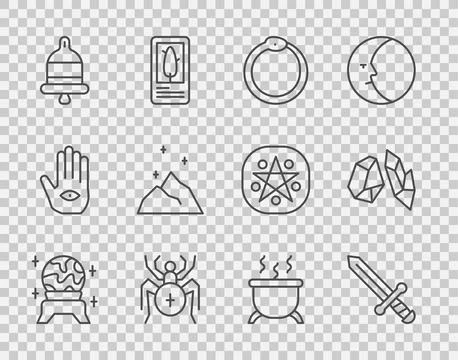 Set line Magic ball, Medieval sword, Ouroboros, Spider, Ringing alarm bell, p Stock Illustration