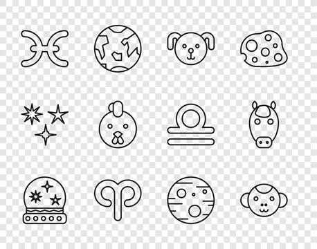 Set line Magic ball, Monkey zodiac, Dog, Aries, Pisces, Rooster, Planet Mar.. Illustrazione stock