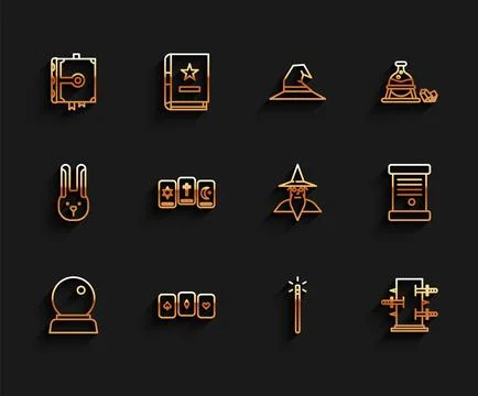 Set line Magic ball, Playing cards, Ancient magic book, wand, Trunk for tricks Stock Illustration