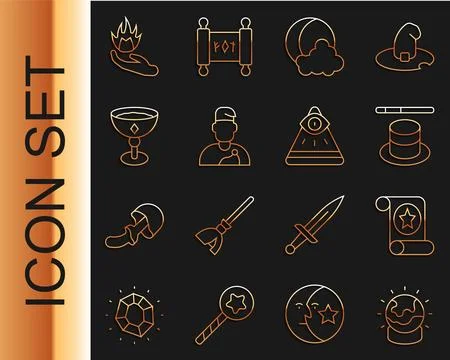 Set line Magic ball, scroll, hat and wand, Moon stars, Wizard warlock, Medieval Stock Illustration