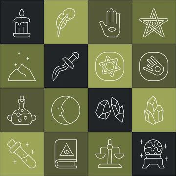 Set line Magic ball, stone, Comet falling down fast, Hamsa hand, Dagger, powder Stock Illustration