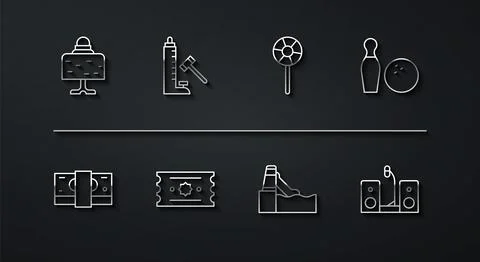 Set line Magic ball on table, Stacks paper money cash, Bowling pin and, Water Stock Illustration