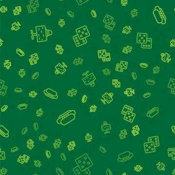Set line Magic ball on table, Hotdog and Game dice on seamless pattern. Vector Stock Illustration