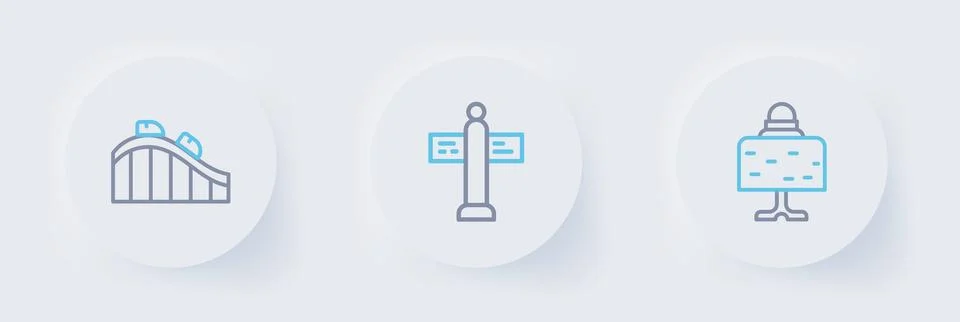 Set line Magic ball on table, Road traffic signpost and Roller coaster icon.. Stock Illustration