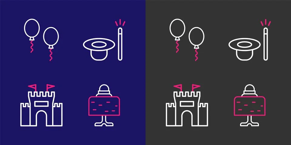 Set line Magic ball on table, Castle, hat and wand and Balloons icon. Vector Stock Illustration