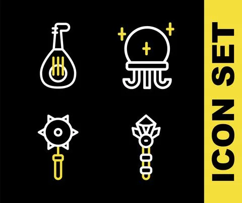 Set line Magic ball, wand, Medieval chained mace and Lute icon. Vector Stock Illustration