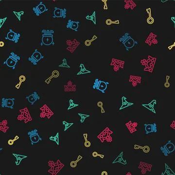 Set line Magic ball, Witch hat, Old key and King crown on seamless pattern Illustrazione stock