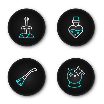 Set line Magic ball, Witches broom, Bottle with potion and Sword in the sto.. Stock Illustration