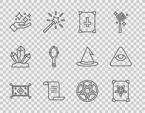 Set line Magic carpet, Ancient magic book, Sparkle stars with trick, hand mirror Illustrazione stock