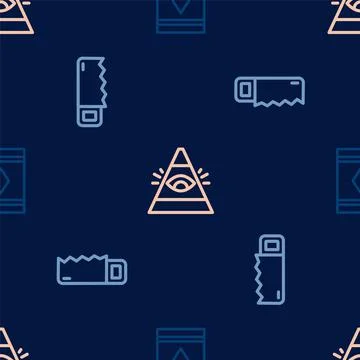 Set line Magic carpet, Hand saw and All-seeing eye of God on seamless pattern Illustrazione stock
