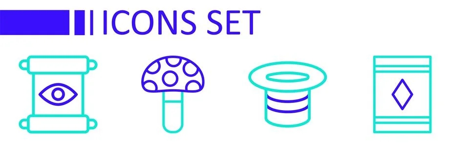 Set line Magic carpet, hat, Psilocybin mushroom and scroll icon. Vector Illustrazione stock