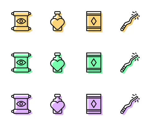 Set line Magic carpet, scroll, Bottle with love potion and wand icon. Vector Illustrazione stock