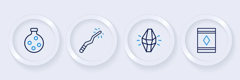 Set line Magic carpet, stone, wand and Bottle with potion icon. Vector Illustrazione stock