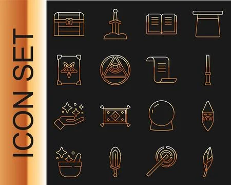 Set line Magic feather, Wizard warlock, wand, Ancient magic book, Masons, A.. Stock Illustration