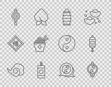 Set line Magic fog or smoke, Chinese paper lantern, Firework, Asian noodles.. Stock Illustration