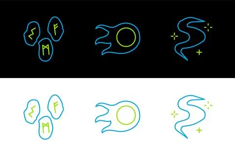 Set line Magic fog or smoke, runes and Fireball icon. Vector Stock Illustration