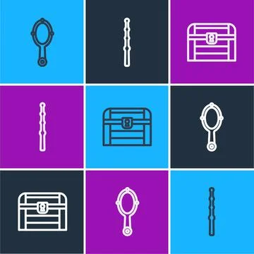 Set line Magic hand mirror, Antique treasure chest and wand icon. Vector Stock Illustration