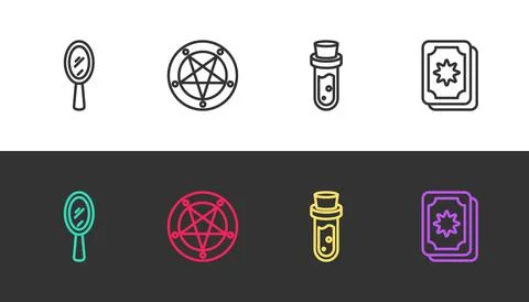 Set line Magic hand mirror, Pentagram in circle, Bottle with potion and Tarot Illustrazione stock