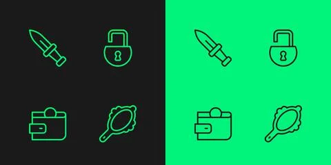 Set line Magic hand mirror, Wallet, Dagger and Open padlock icon. Vector Illustrazione stock
