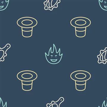 Set line Magic hand mirror, hat and Fire flame on seamless pattern. Vector Stock Illustration