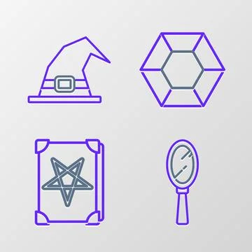 Set line Magic hand mirror, Ancient magic book, stone and Witch hat icon. Vector Illustrazione stock