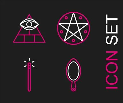 Set line Magic hand mirror, wand, Pentagram in circle and Masons icon. Vector Stock Illustration