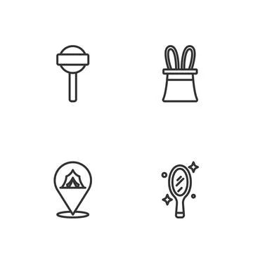 Set line Magic hand mirror, Circus tent, Lollipop and Magician hat rabbit e.. Illustrazione stock