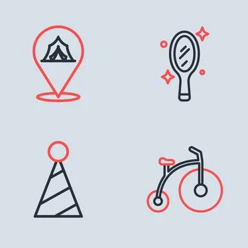 Set line Magic hand mirror, Party hat, Vintage bicycle and Circus tent icon.. Illustrazione stock